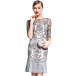 Grey Embroidered Sheath Mini Dress