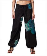 Black & Teal Abstract Tie-Front Harem Pants