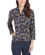 Navy Geometric Zip-Front Top