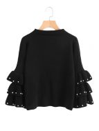 Black Pearl Beading Layered Bell Sleeve Jumper