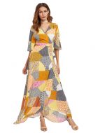 Patchwork Print Surplice Wrap Dress