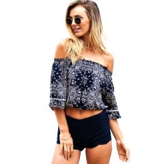 Navy Blue & White Geometric Print Off-Shoulder Shirt
