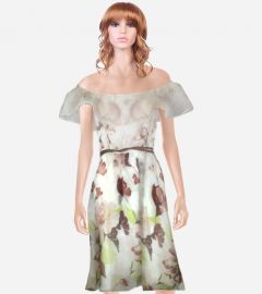 Off-Shoulder Floral Silk Dress