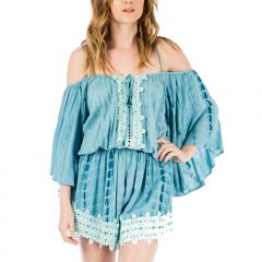 Teal Crochet-Accent Off-Shoulder Romper