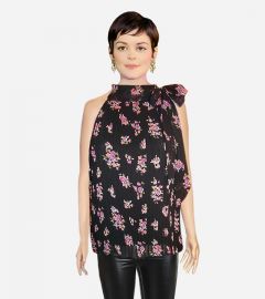 Floral Print Pleated Trapeze Top With Tie Neck