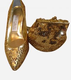 Gold Sequin Satin Shoes Matching Purse