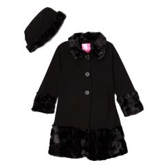 Black Faux Fur Fleece Swing Coat & Hat Set