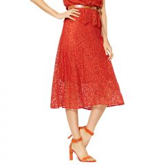 Red Cinnamon Lace Flare-Hem Midi Skirt 