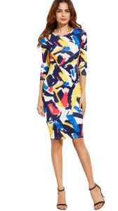 Multicolor Brush Stroke Print Pencil Dress