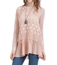 Pink Crochet-Overlay Accordion-Hem Tunic
