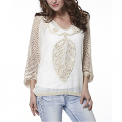 Beige & White Sheer Embroidered Dolman Top