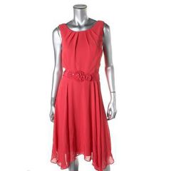 Womens Red Chiffon Belt Sheer Dress