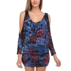 Blue & Red Abstract Tie-Dye Cutout Blouson Dress