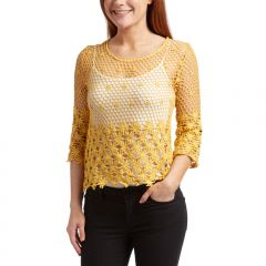 Mustard Floral Crochet Three-Quarter Sleeve Top
