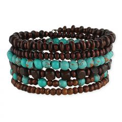 Turquoise & Dark Brown Wood Beaded Coil Bracelet